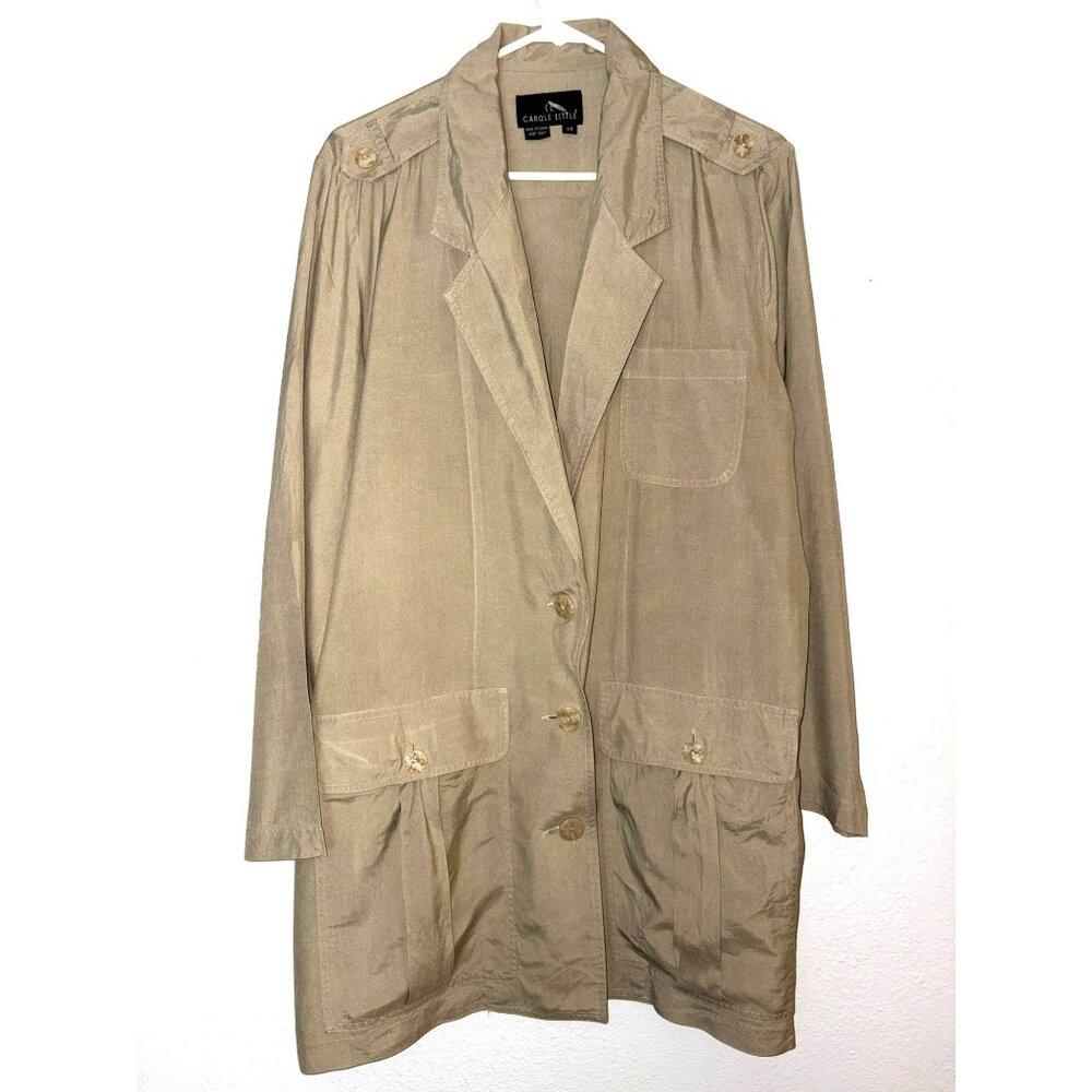 Carole Little Tan Longline Utility Jacket 100% Silk With Button Details Size 10